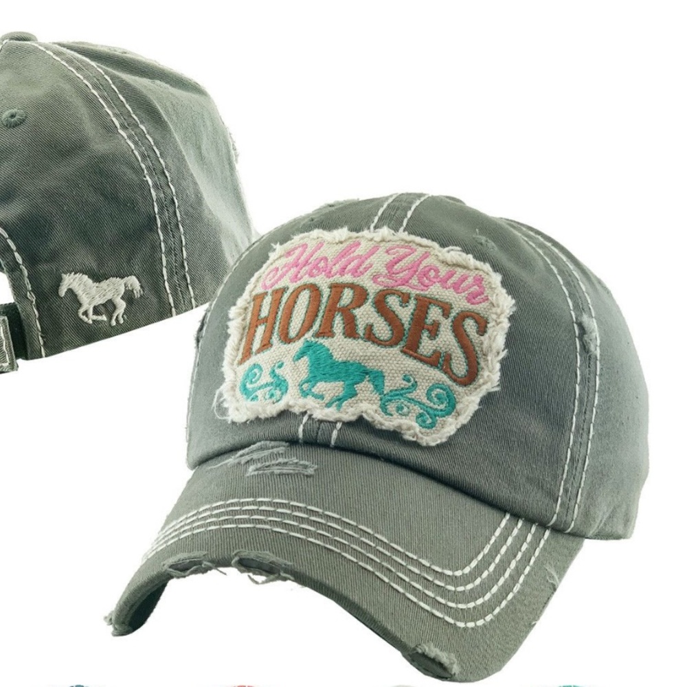 NWT Hold Your Horses Equestrian Themed Distressed Vintage-Wash Baseball HAT - Picture 2 of 7